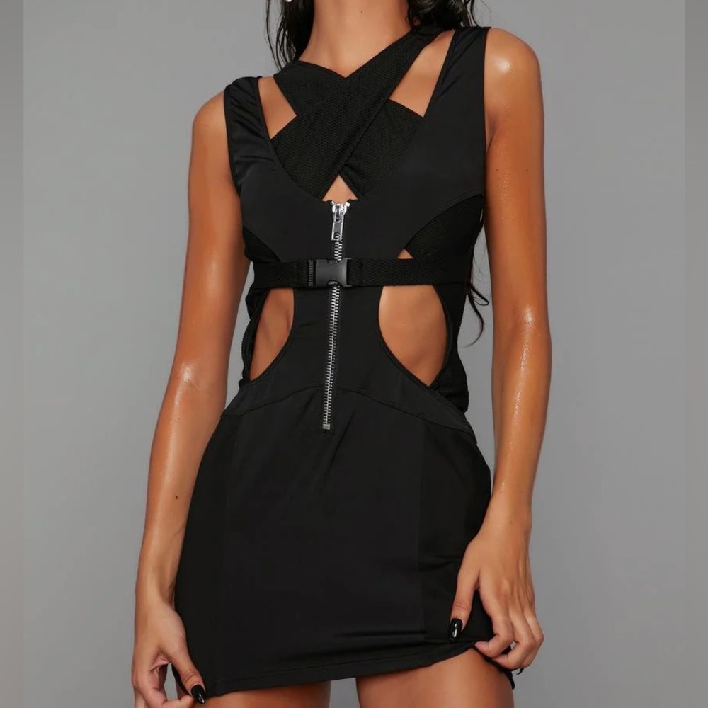 Black Strappy & Mesh Mini Dress from Dollskill!